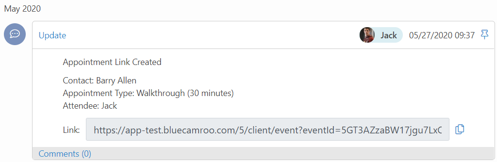 Appointment Link gets automatically added to Update Stream