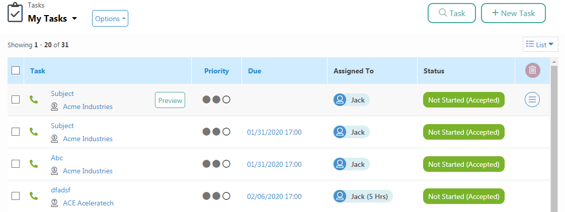 Tasks assigned to a User for CRM and Project Management Activities