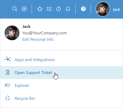 Use the user menu to find support